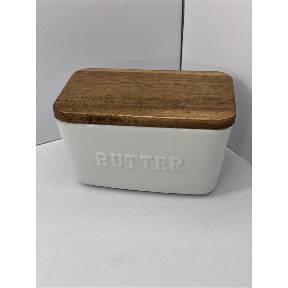 Better Homes & Gardens White & Acacia Wood Embossed Butter Dish